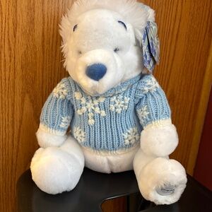Disney Store 13" Winnie the Pooh Plush White Blue Winter Snowflake  sweater NWT